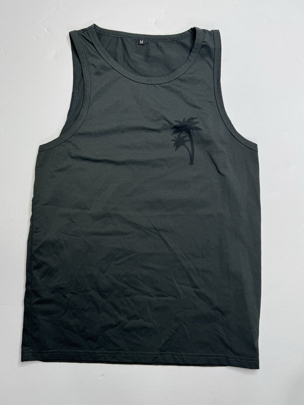Mens M Dark Gray Palm Tree Tank Top Sleeveless Polyester Beach Workout